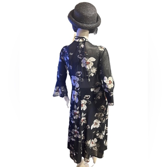 Ember Black & White Magnolia Floral Kimono Beach Coverup with Front tie, Size L - Picture 5 of 5